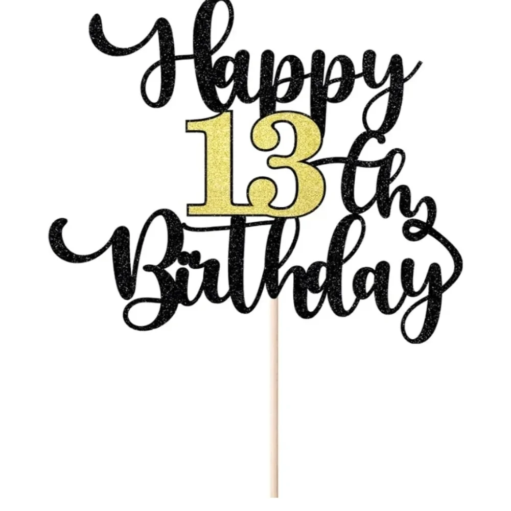 Black and Gold Happy 13th Birthday Cake Topper Lot Of 2 Packs
